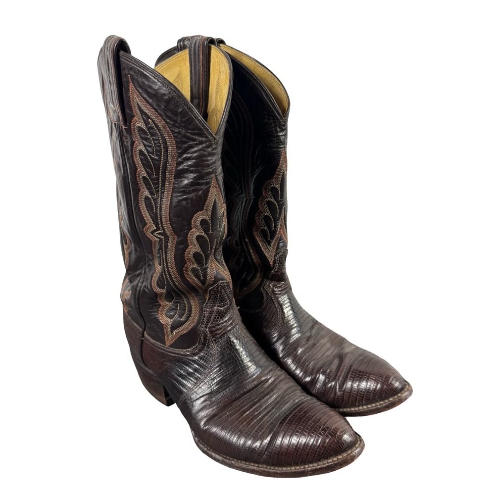 Tony Lama Vintage Brown Exotic Teju Lizard Skin Cowboy Western Boots Mens 9.5 E